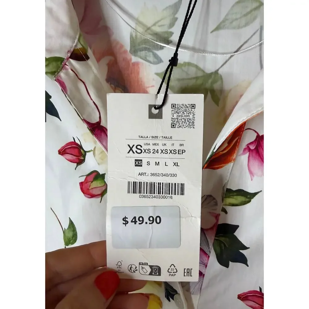 NWT Zara floral-print cropped boxy oversized short sleeves white shirt sz. XS - Picture 6 of 9